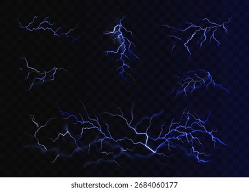 Relámpago. Tormenta de truenos relámpago realista. Efectos de luz brillante. Relámpago azul. Ilustración vectorial