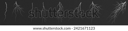 Lightning. Thunder storm realistic lightning. Bright light effects. Lightning bolt set Magic and bright light effects. Vector illustration