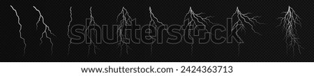 Lightning. Thunder storm realistic lightning. Bright light effects. Lightning bolt set Magic and bright light effects. Vector illustration