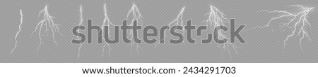 Lightning. Thunder storm realistic lightning. Bright light effects. Lightning bolt set Magic and bright light effects. Vector illustration
