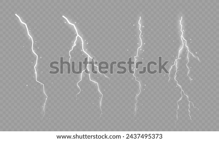 Lightning. Thunder storm realistic lightning. Bright light effects. Lightning bolt set Magic and bright light effects. Vector illustration