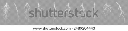 Lightning. Thunder storm realistic lightning. Bright light effects. Lightning bolt set Magic and bright light effects. Vector illustration	