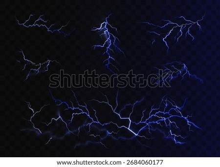 Lightning. Thunder storm realistic lightning. Bright light effects. Blue lightning. Vector illustration