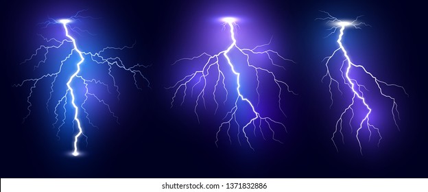 Lightning. Thunder storm realistic lightnings set. Magic and bright light effects. Vector Illustration isolated on dark background