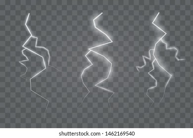 Lightning. Thunder storm realistic lightnings set.  Magic and bright lighting effects. Vector Illustration. Realistic vector lightning on checkered background. Bright, electric lightning.