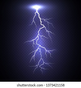 Lightning. Thunder storm realistic lightning. Magic and bright light effects. Vector Illustration isolated on transparent background.