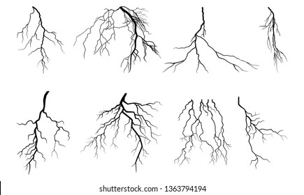 Lightning Thunder Storm Zapping Vector Silhouette Set Isolated On White Background