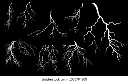 Lightning Thunder Storm Zapping Vector Silhouette Set Isolated on Black Background