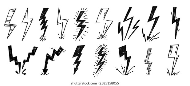 Lightning thunder stroke doodle scribble grunge pencil set. Simple Drawing charcoal textured elements.
