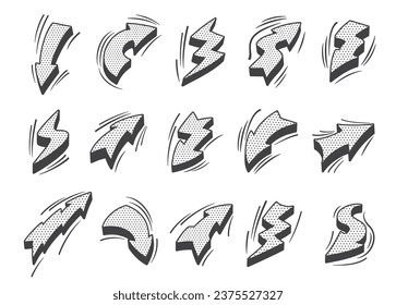 Flechas cómicas de rayas relámpago, energía de flash de caricatura monocroma, iconos vectoriales. Símbolos de flecha de perno de trueno en boceto de doodle con semitono de arte pop retro, luces o flechas de fuerza de súper héroe