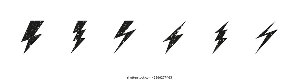 Lightning thunderbolt icon in grunge vector style. Flash thunder bolt electrical symbol collection.