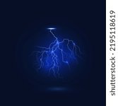 Lightning or thunderbolt light isolated realistic sky thunderstorm electric spark flash on dark blue background. Thunder bolt light in sky. 3d vector illustration