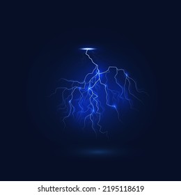 Lightning or thunderbolt light isolated realistic sky thunderstorm electric spark flash on dark blue background. Thunder bolt light in sky. 3d vector illustration