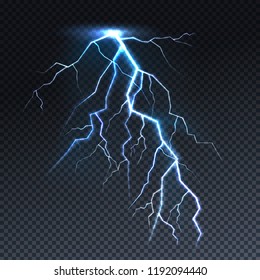 Lightning or thunderbolt light vector illustration. Isolated realistic sky thunderstorm electric spark flash on transparent background