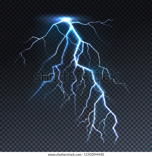 稲妻または雷鳴のライトベクターイラスト 透明な背景にリアルな空の雷雨電気スパークフラッシュ のベクター画像素材 ロイヤリティフリー