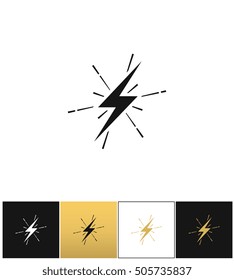 Lightning thunderbolt sign or strike electric bolt vector icons on black, white and gold backgrounds