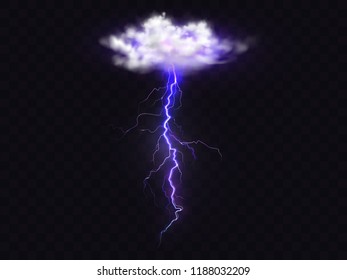 Lightning thunderbolt from thunderstorm cloud vector illustration. Isolated realistic electric flash from sky on transparent background, weather element