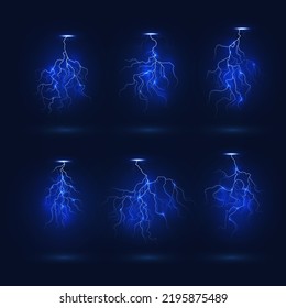 Lightning thunderbolts set, realistic thunderstorm bolt light effects. Rainstorm electric discharge, lightning strike flash with bright, glowing blue light flares in night sky. Vector illustration