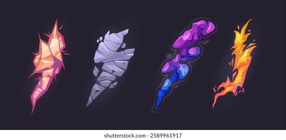 Lightning and thunderbolts strike arrows with flame and stone texture. Vector isolated set for cartoon game, assets or anime design. Motion and dynamism, explosion and magic powers burst