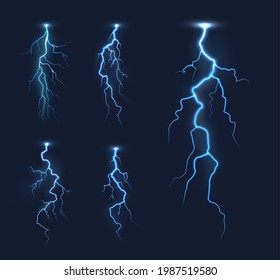 Lightning thunderbolts, thunderstorm bolt vector light effects. Rainstorm electric discharge, lightning strike or energy flash with bright, glowing blue light flares in night sky