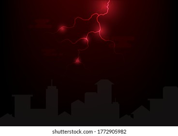 lightning and thunderstorm with cloud over the buildings in the night sky of city, red illuminated path of thunder sparks light on background, climate change, creative design vector illustration