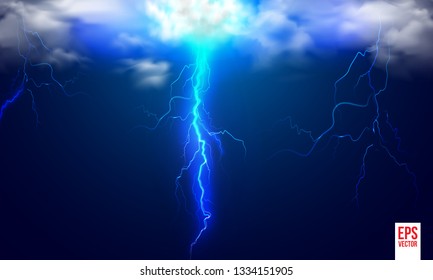 Lightning thunderstorm flash over the night sky. Concept on topic weather, cataclysms (hurricane, Typhoon, tornado, storm) - Vector Illustration