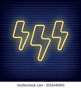 Lightning thunderstorm icon glow neon style, concept weather condition outline flat vector illustration, isolated on black. Brick background, web climate label stuff.