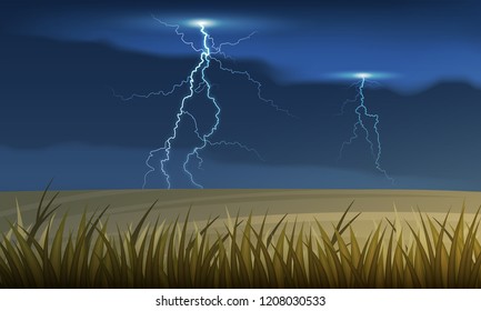 Lightning and thunderstorm over the country autumn field, vector illustration.