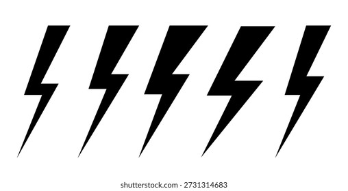 Relâmpago, tempestade, conjunto de ícones, silhueta preta isolada em um fundo branco, ilustração vetorial. O ícone da eletricidade, do poder e do perigo. Elemento gráfico para design, design plano