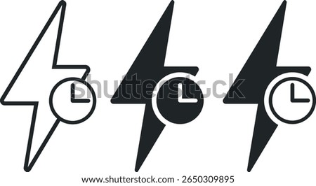Lightning time icon set. electricity and clock icon set vector illustration