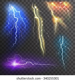 Lightning transparent set in different colors realistic isolated vector illustration 