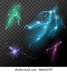 Lightning transparent set in different colors. Thunder-storm effect realistic isolated vector illustration