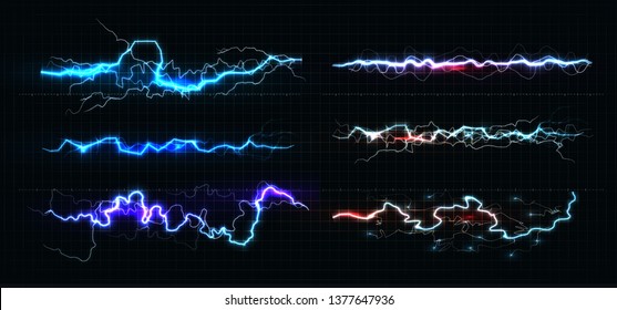 Lightning various colors set, glowing thunderbolt and brightning power shock magic lines on black background. Vector illustration.