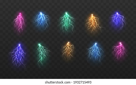 Lightning various colors set, glowing thunderbolt and brightning power shock magic lines. Powerful electrical flash. Colourful oblique branchy lightning line.
