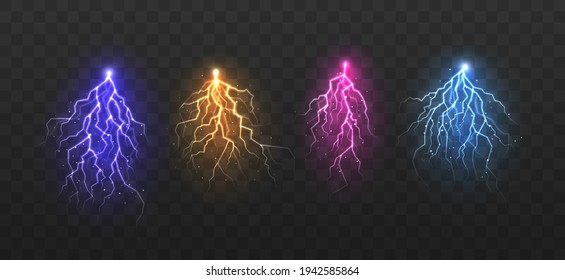 Lightning various colors set, glowing thunderbolt and brightning power shock magic lines. Powerful electrical flash. Colourful oblique branchy lightning line.