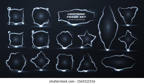 Lightning vector creative realistic borders set. Electricity empty geometric frames isolated pack. Square, circle, star shapes in the form of electric discharge, current, lightning strike illustration