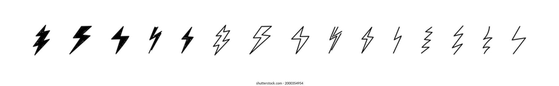 Lightning vector electric thunderbolt doodle icon set, hand drawn scribble sketch style thunder bolt collection illustration.