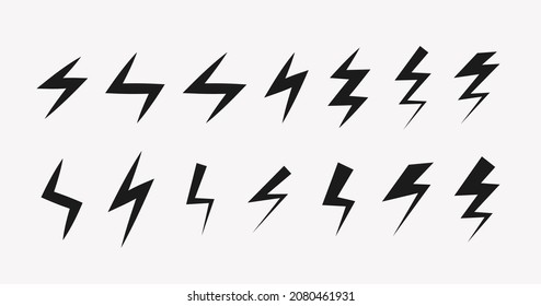 Lightning vector elements, isolated icon on white background. Light bolt, flash, thunderbolt, electric energy symbol.