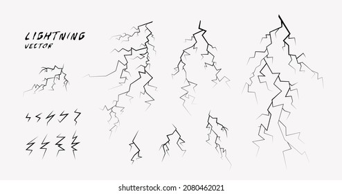 Lightning vector elements, isolated icon on white background. Light bolt, flash, thunderbolt, electric energy symbol.