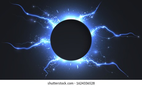 Lightning vector round text frame background. Glitter party poster abstract layout with circle surrounded by lightning pattern. Vector illustration
