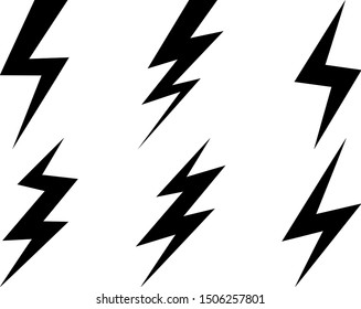 Lightning vector set icon. Thunder charging power for electricity energy and batteries. Thunderstorm.