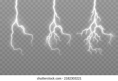 Lightning vector set, lightning png, thunderstorm, lighting, flash. Natural phenomenon, light effect. PNG.