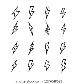 Lightning vector signs. Lightning bolt icons, thunder bolt symbols or flash pictograms. Flash icon. Streak of lightning sign. Electric bolt flash icon. Thunder strike logo. Charge icon. Thunderbolt