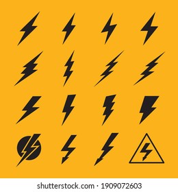 Lightning vector signs. Lightning bolt icons, thunder bolt symbols or flash pictograms. Flash icon. Streak of lightning sign. Electric bolt flash icon.Charge icon. Молния, опасность, электричество.