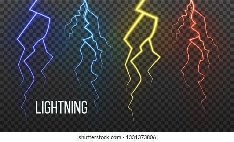 Lightning Vector. Storm Flash Thunder. Electric Power. Realistic Isolated Transparent Illustration