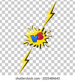 Lightning with versus sign. Comic challenge symbol with yellow flash and vs letters. Vector illustration isolated in transparent background