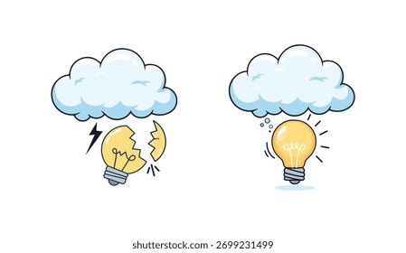 Lightning vs Glowing Bulb Illustrating Idea Failure and Success
