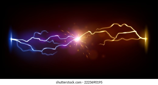 Lightning vs thunderbolt. Conflict or challenge concept with opposing thunderbolt blue and fiery flashes, electric energy discharge sparkles, lightning impacts light effect realistic vector background