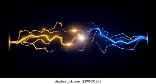 Lightning vs thunderbolt. Electric blue and orange energy battle, confrontation or fight abstract vector concept. Collision of two forces, hot and cold sparkling power with electric glowing discharge