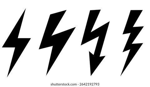 Lightning web icon, thunder bolt vector signs set isolated on white background. Simple black shapes of electric arrows, energy emblems, energized live cable symbols, high voltage keep away forewarn.